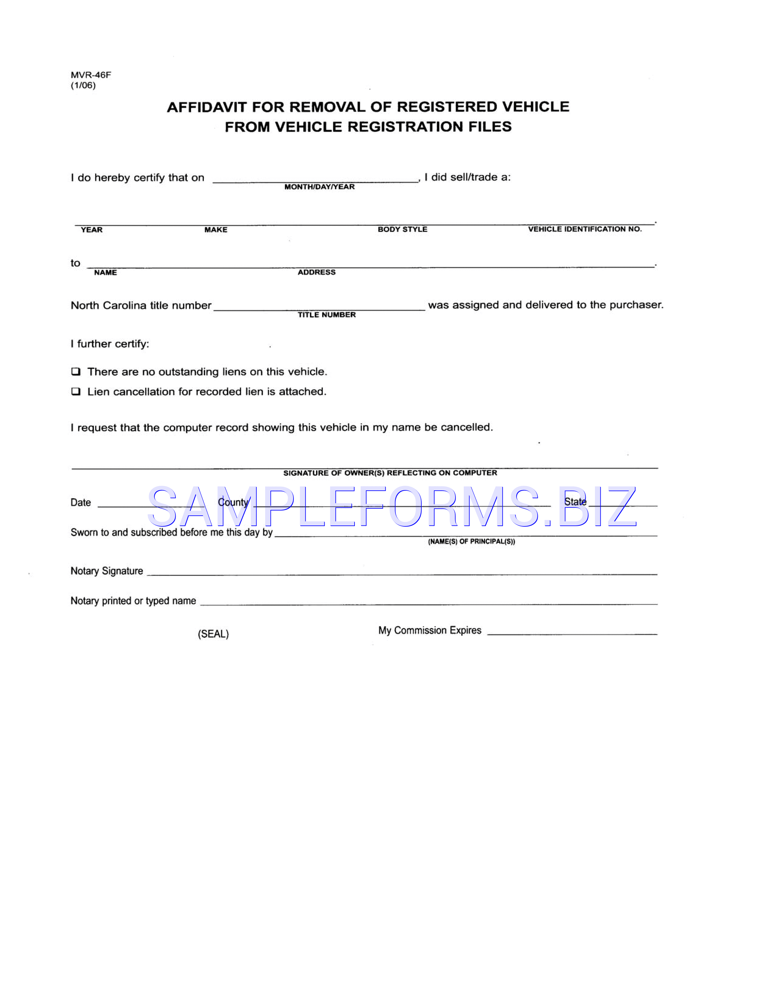 Preview free downloadable North Carolina Affidavit For Removal of Registered Vehicle From Registration Files in PDF (page 1)